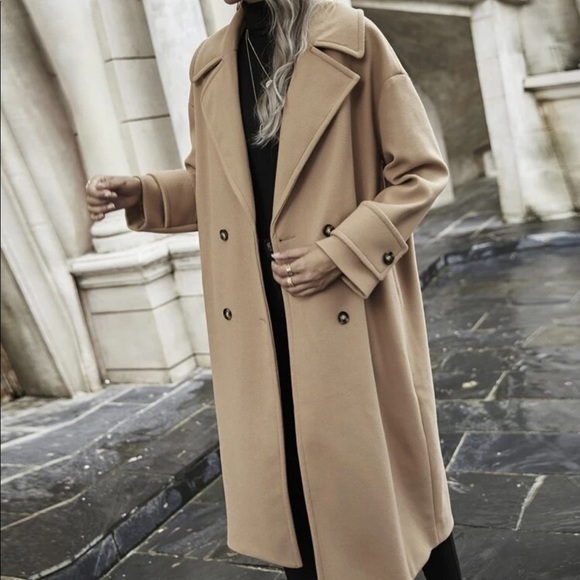 Camel double breasted trench long peacoat jacket - Picture 5 of 7